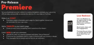 Infographic on YouTube's Pre-Release Premiere feature, illustrating how to create events, add trailers, and use live redirects to boost fan engagement and promote your music video release.